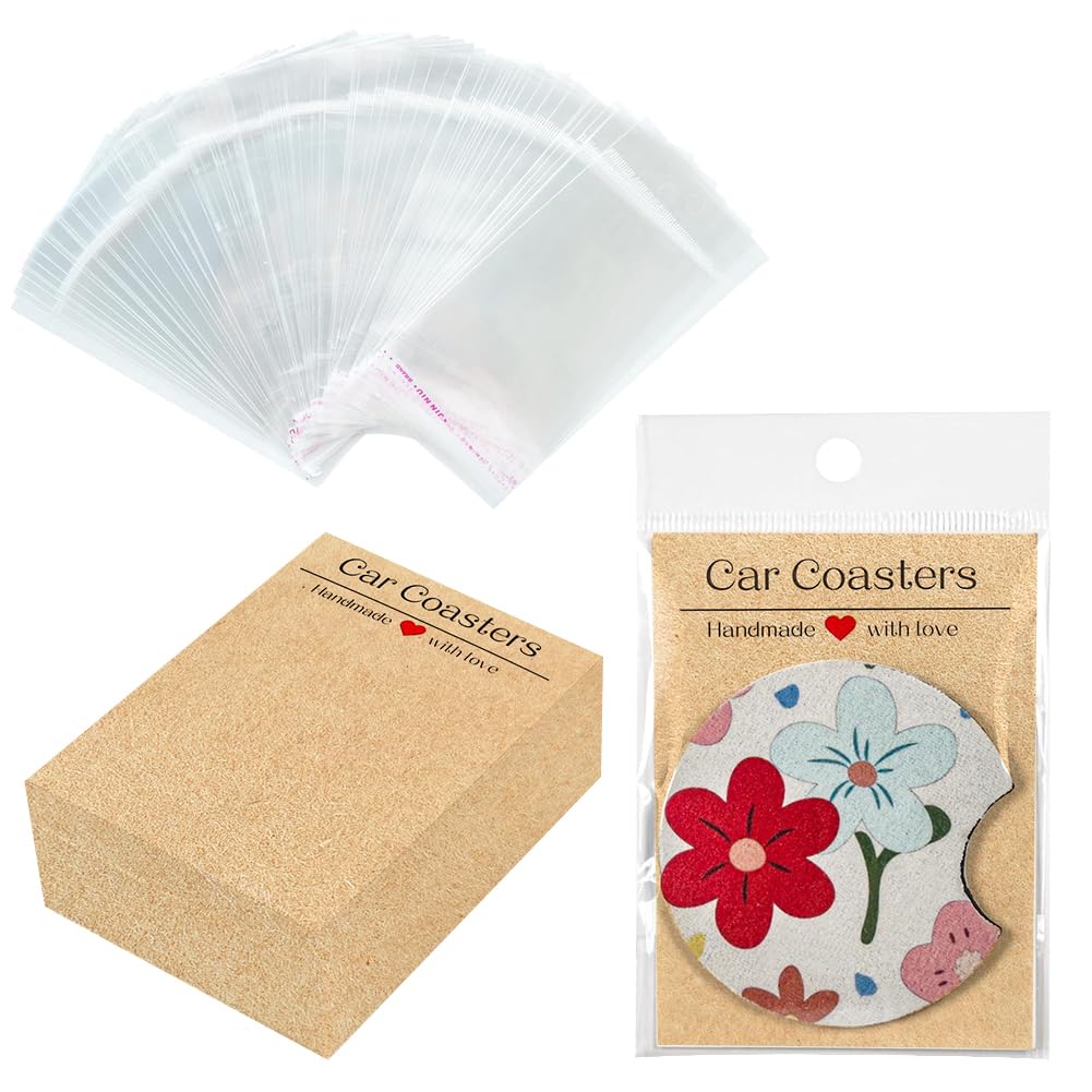 UUYYEO 100 Pcs Car Coaster Packaging Cards Sublimation Car Coaster Display Cards with 100Pcs Bags Bracelet Jewelry Display Cards for Selling Brown