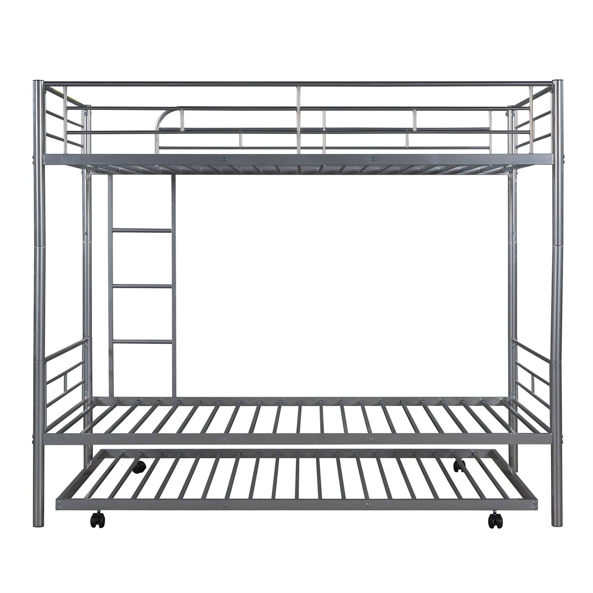 Metal Bunk Bed with Trundle Twin Over Twin Bunk Bed Frame with Ladder and Safety Rails for Kids Triple Metal Bunk Can be Divided into Two beds, Silver Bellemave