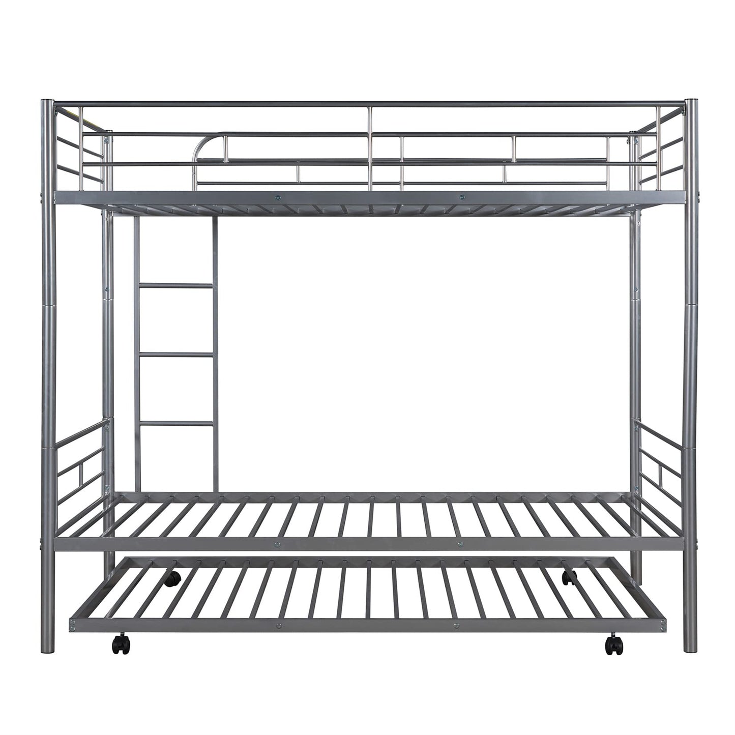 Metal Bunk Bed with Trundle Twin Over Twin Bunk Bed Frame with Ladder and Safety Rails for Kids Triple Metal Bunk Can be Divided into Two beds, Silver