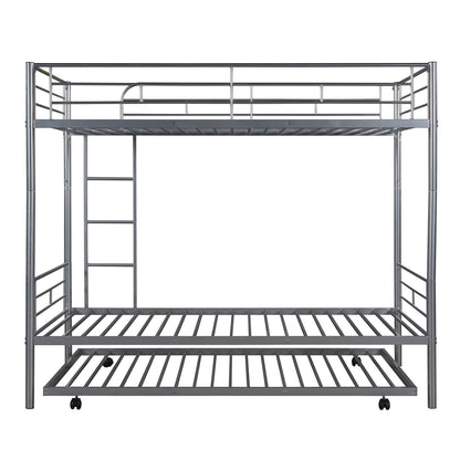 Metal Bunk Bed with Trundle Twin Over Twin Bunk Bed Frame with Ladder and Safety Rails for Kids Triple Metal Bunk Can be Divided into Two beds, Silver