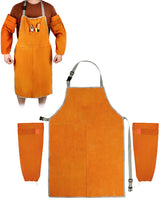 QWORK Welding Apron& Sleeves, Welding Work Protectors Set, Heat and Flame Resistant Leather Work Shop, Blacksmith Protective or Safety Clothing, Welders, Fireplace, Gardening, BBQ Apron, Bib Apron QWORK