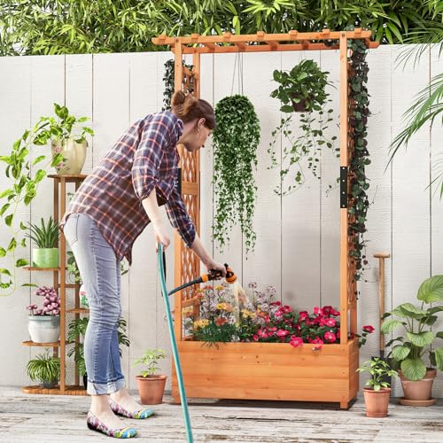 LDAILY Moccha Raised Garden Bed with Trellis, Wood Garden Planter with Hanging Roof, Drainage Holes, Freestanding Elevated Planter Box for Climbing Plants, Vines, Flowers, 43.5" x 17.5" x 72" - WoodArtSupply