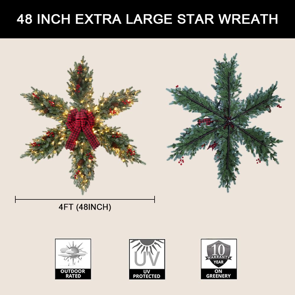YEAHOME 48 Inch Large Christmas Wreath, 4 FT Pre-Lit Christmas Star Wreaths for Front Door with 120L Warm White LED Lights, Bow-tie, Berries, Pine Cones for Xmas Outdoor Indoor Wall Home Decorations YEAHOME