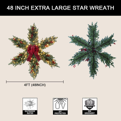 YEAHOME 48 Inch Large Christmas Wreath, 4 FT Pre-Lit Christmas Star Wreaths for Front Door with 120L Warm White LED Lights, Bow-tie, Berries, Pine Cones for Xmas Outdoor Indoor Wall Home Decorations