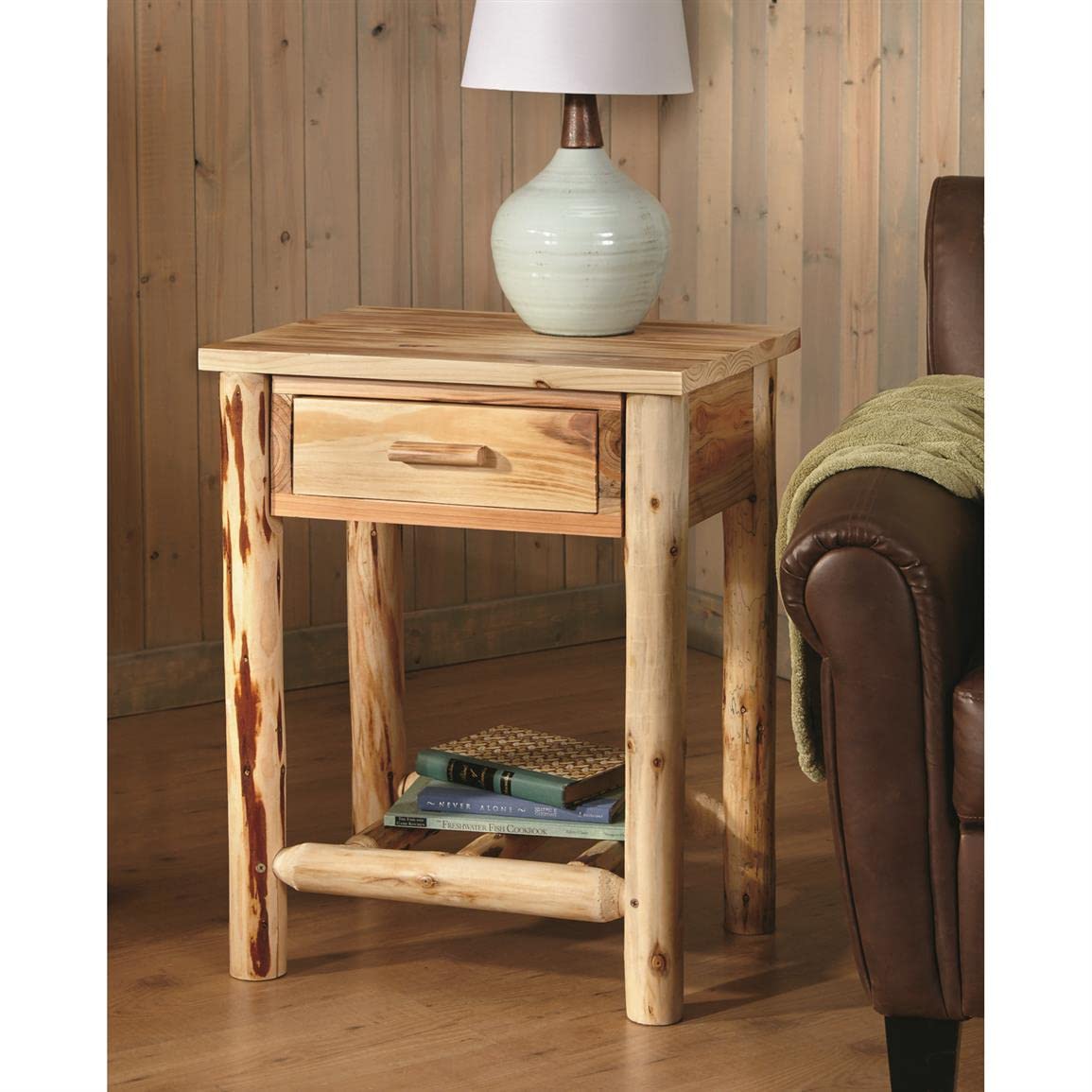 CASTLECREEK Pine Log End Table Nightstand, Rustic Natural Weathered Look Wooden Side Tables with Storage Drawer for Living Room Couch, Bedroom CASTLECREEK