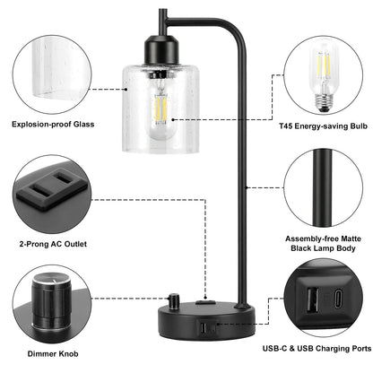 Industrial Table Lamps for Bedrooms Set of 2 - Fully Dimmable Bedside Lamps with USB A and C Ports and Outlet, Black Nightstand Lamps with Glass Shade for Living Room, Desk Lamps for Office R - WoodArtSupply