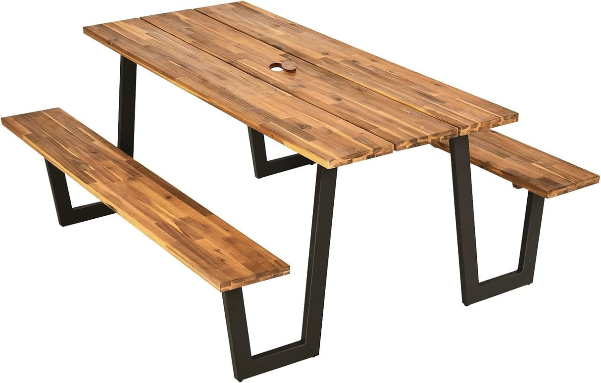 LDAILY Picnic Table, 70’’ x 30’’ Outdoor Wood Dining Table Set with Bench, 2" Umbrella Hole, 1600 LBS Max Load, Metal Frame Picnic Tables for Outdoors 6-8 Persons in Party, Garden, Yard, Patio, Lawn LDAILY