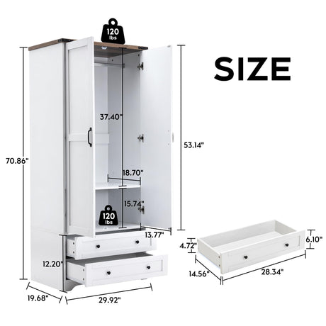 Yechen 71" Wooden Armoire Wardrobe Closet - Modern Functional Clothes Tall Storage Cabinet with Adjustable Shelf and Hanging Rail, Sturdy Freestanding Closet Wardrobe with 2 Wide Drawers for Bedroom Yechen