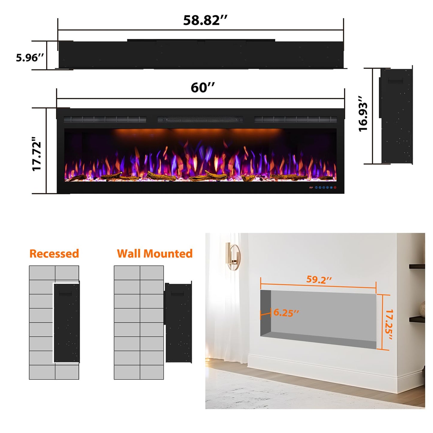 Mystflame 60 inch Electric Fireplace, Recessed and Wall Mounted Slim Electric Fireplace, 750/1500 Watt Heater Fireplace, Log & Crystal Hearth, Adjustable Realistic Flame, Remote Control & Touch Screen