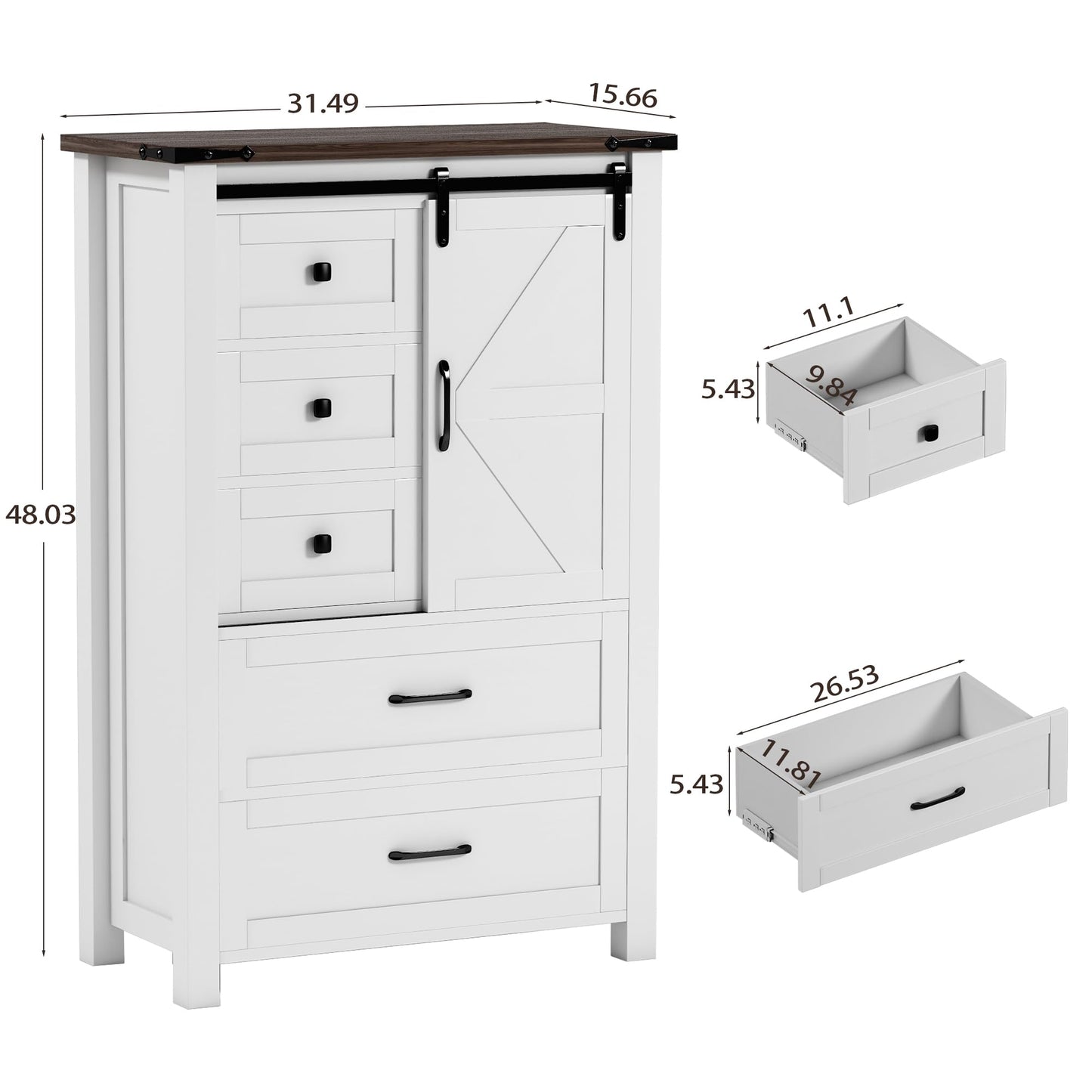 wanan 5 Drawer Dresser, 48" Farmhouse Dresser and Chests of Drawer, Tall Chest of Drawers for Bedroom, Living Room, Bedroom