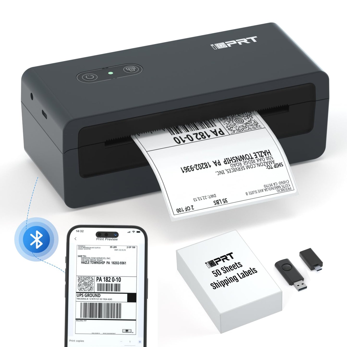 iDPRT Shipping Label Printer 4x6 Bluetooth Thermal Label Printer for Small Business and Shipping Package, Support Android, iPhone, Windows, macOS, Widely Used for Amazon, Shopify, Ebay (Renewed)