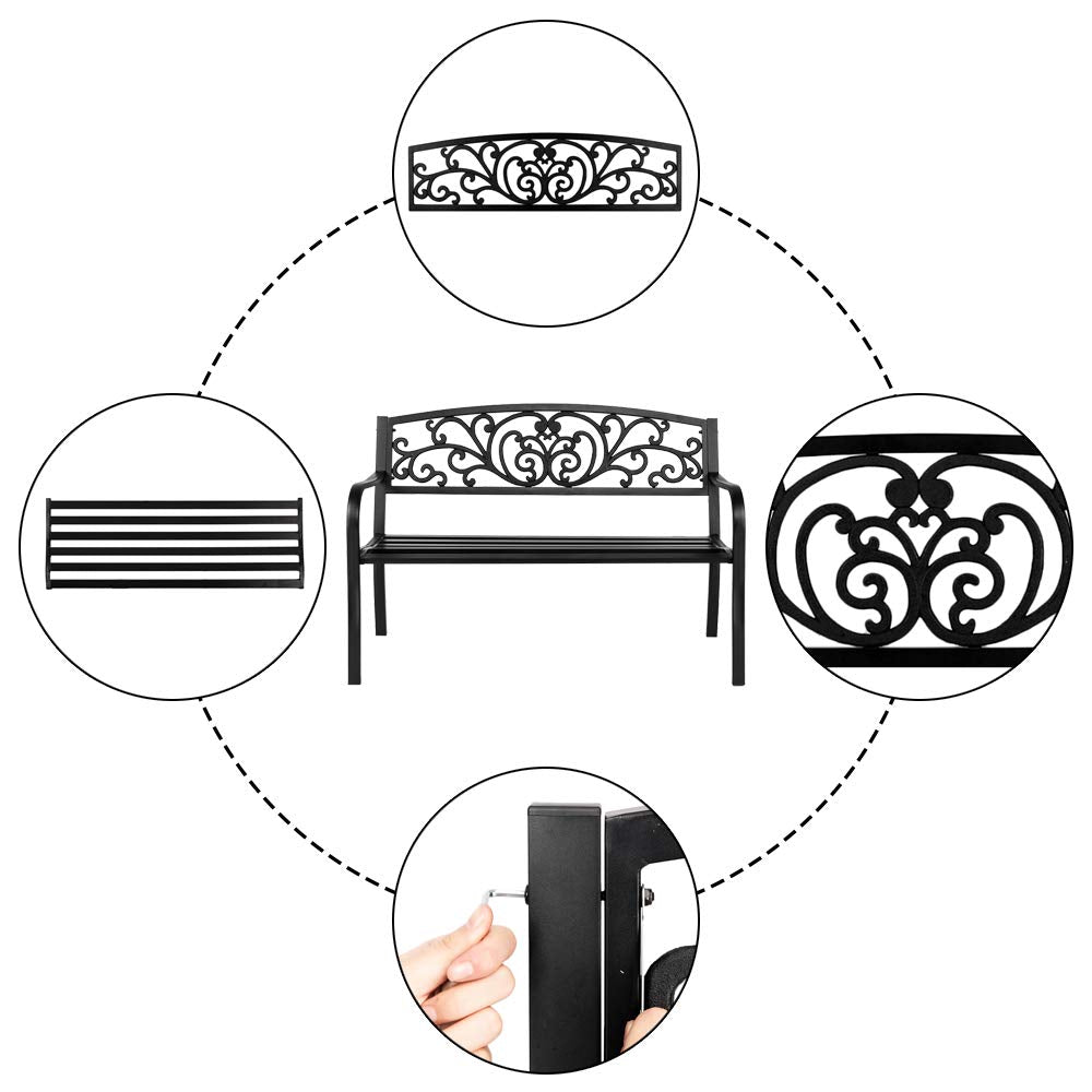 50" Garden Bench, Antique Metal Outside Bench w/Warm Welcome Pattern, Elegant Bronze Finish and Durable Metal Frame for Park Yard Porch Chair, Black (50" Butterfly Black) Generic