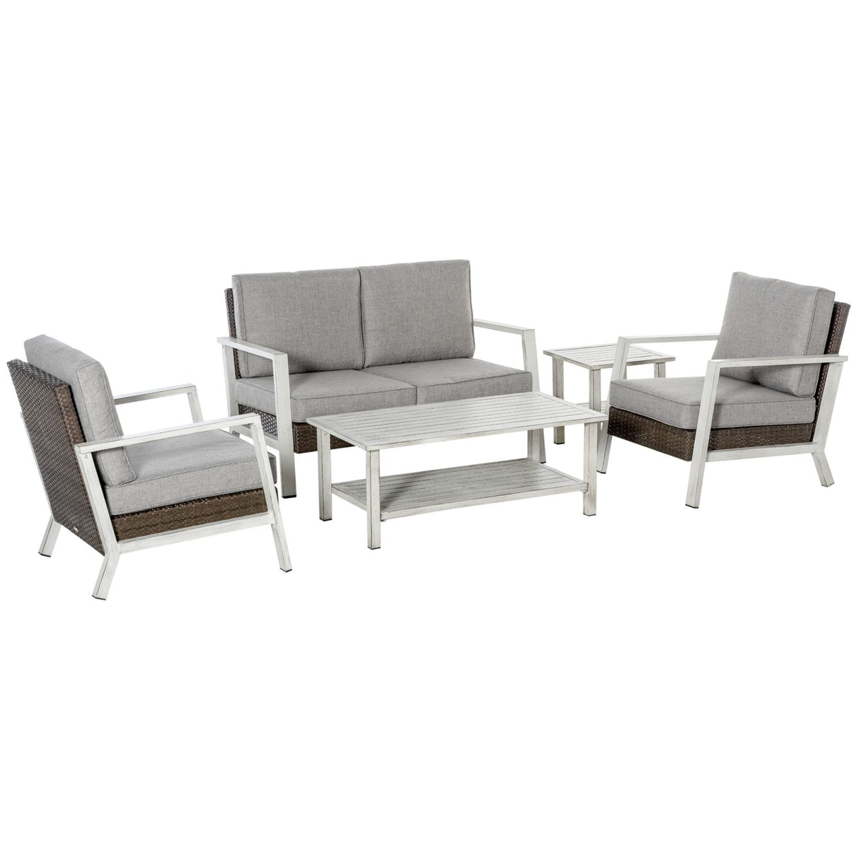 Outsunny Aluminum Patio Furniture Set, 5 Piece Modern Outdoor Conversation Set with Loveseat Sofa, Chairs, Cushions, Coffee Table & Side Table, Gray Outsunny