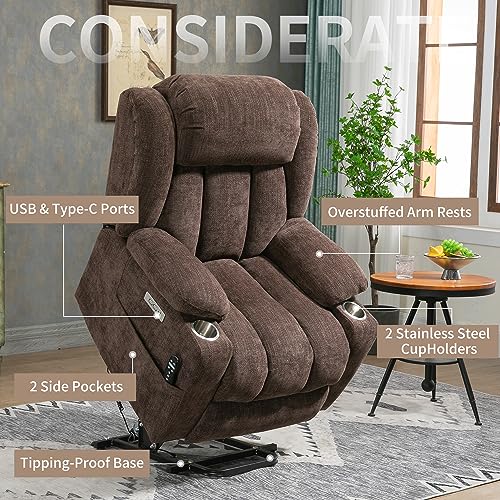 2024 Power Lift Recliner Chair with Full-Body Massage and Heat for Elderly, Hand Remote Control, Upgraded Powerful Motor, Extended Footrest, USB Ports, Stainless Steel Cup Holders, Chenille Brown