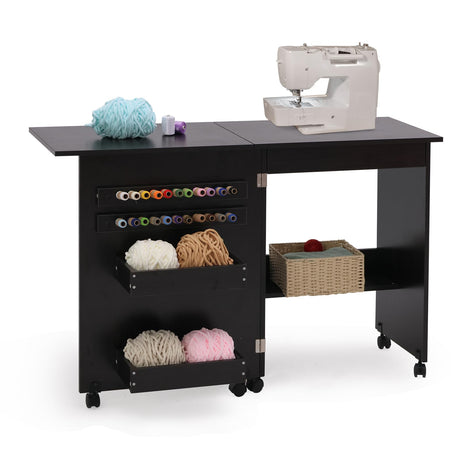 walsport Folding Sewing Table Multipurpose Craft Station & Side Desk with Compact Design, Wheels with Locks,(Dark Brown) walsport
