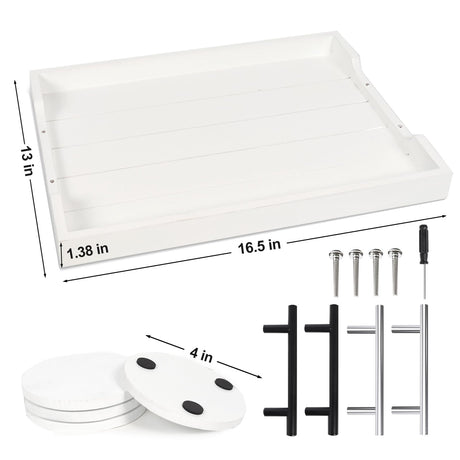 SXNOWS Coffee Table Tray - Large Ottoman Tray for Living Room - Wood Serving Tray with Handles(2 Sets) - Wooden Tray for Coffee Table, 4 Round Coasters Included, White SXNOWS