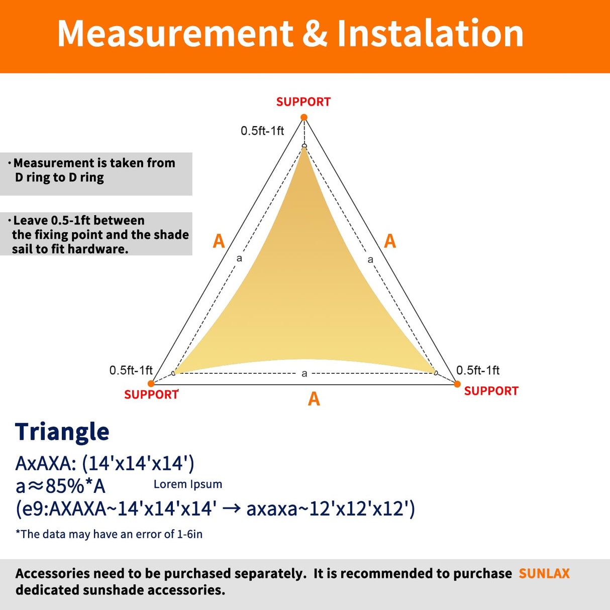 20' x 20' x 20' Triangle Sun Sail Shades Canopy UV Block Sun Shades Outdoor Patio Garden Backyard Pergola Shade Cover Sand OOTONAT