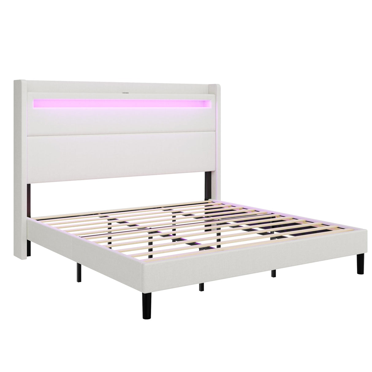 AMERLIFE King Bed Frame with LED Lights & Wingback Headboard, Upholstered Platform Bed with USB & USB-C Ports, No Box Spring Needed/Noise Free/White AMERLIFE