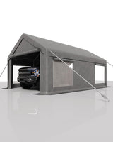 GarveeLife 13x20 Ft Carport with 8 Sandbags, Car Port with 220g PE Tarp, 2 Roll-Up Doors, and 4 Windows, for Full-Size Pickups, Bass Boats, Tractors, and SUVs, Gray GarveeLife
