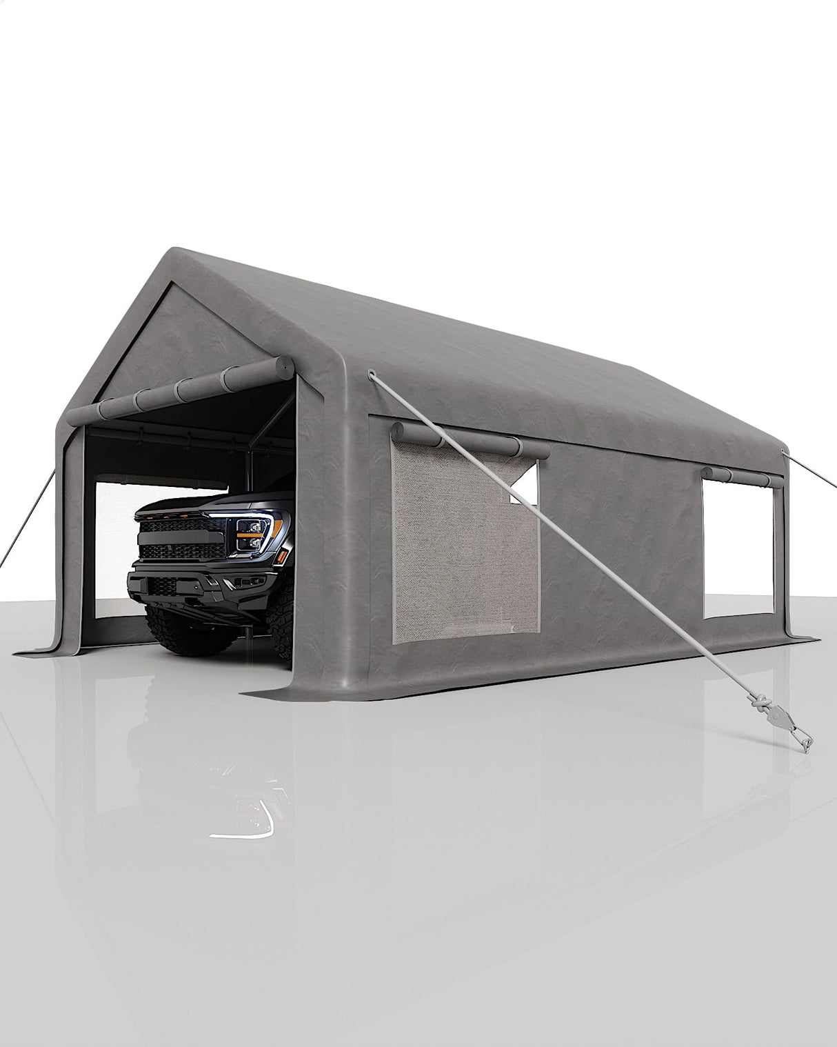 GarveeLife 12x20 Ft Carport, Car Port with 200g PE Tarp, Roll-Up Doors, and 4 Windows, for Full-Size Pickups, Bass Boats, Tractors, and SUVs, Gray GarveeLife
