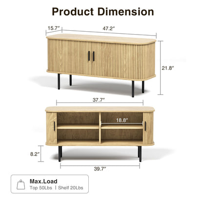 47''W Natural Storage Cabinet, Media Console, Tambour TV Stand, Television Stands with Curvy Edge & Sliding Door, Fluted Cabinet, Buffet Sideboard, Credenza, Table Stand for Living Room, Kitchen