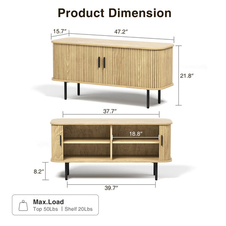 47''W Natural Storage Cabinet, Media Console, Tambour TV Stand, Television Stands with Curvy Edge & Sliding Door, Fluted Cabinet, Buffet Sideboard, Credenza, Table Stand for Living Room, Kitchen FiveWillowise
