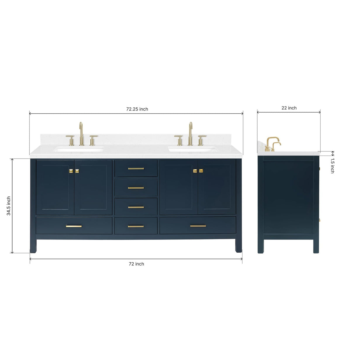ARIEL Cambridge 72" Midnight Blue Double Vanity, 1.5" Edge Carrara White Quartz Countertop & Splash, Rectangular Sinks, 4 Soft Closing Doors, 6 Full Extension Dovetail Drawers, Satin Brass ARIEL