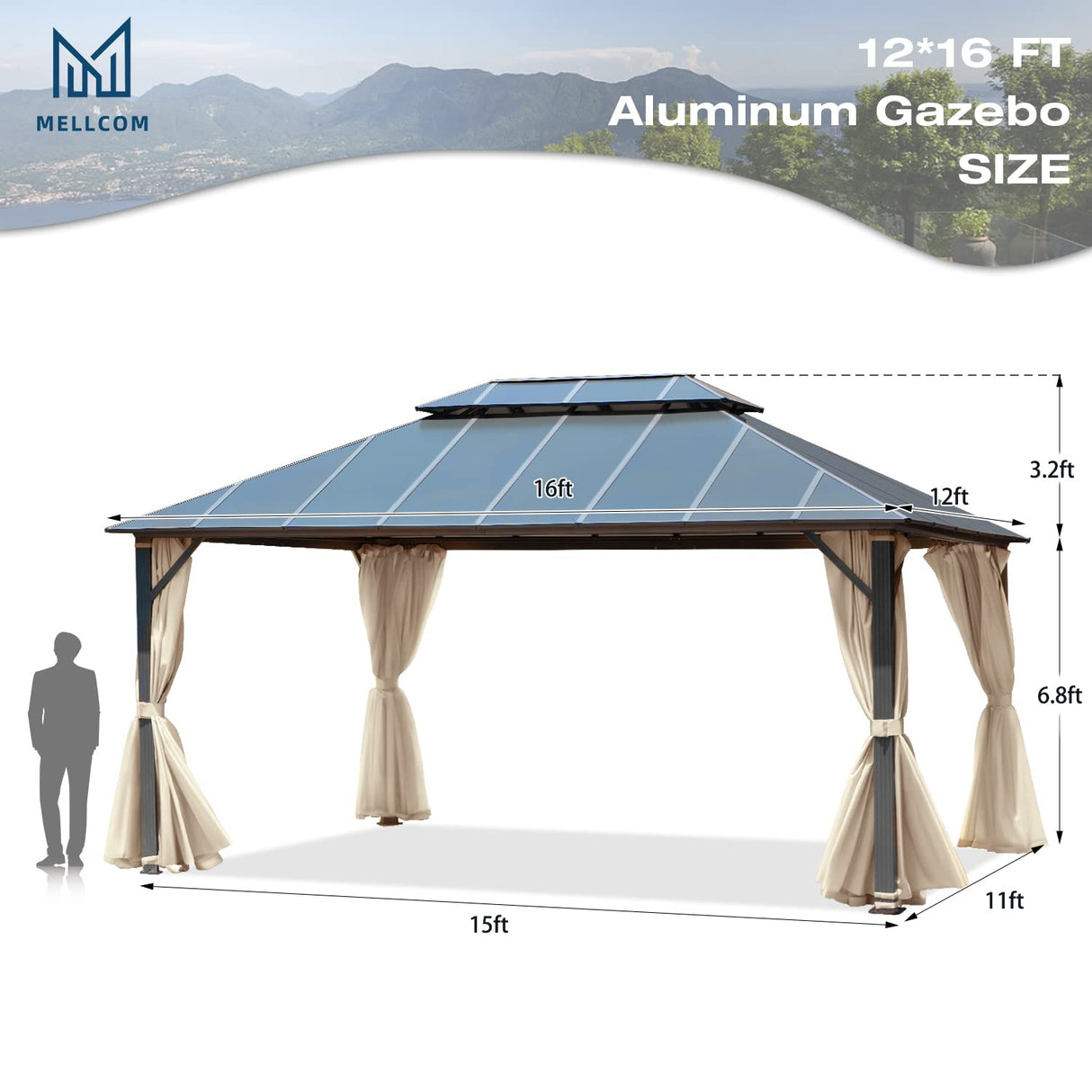MELLCOM 12x16FT Hardtop Gazebo, Permanent Outdoor Aluminum Patio Gazebo with Aluminum Composite Double Roof for Patio Lawn and Garden, Curtains and Netting Included MELLCOM