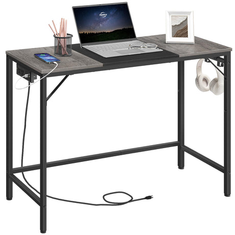 HOOBRO Computer Desk, Home Office Desk with Power Outlet, Modern Study Writing Desk with 3 Hooks for Study Room, Home Office, Sturdy and Stable, Easy to Assemble, Charcoal Gray and Black BC41UDN01 HOOBRO