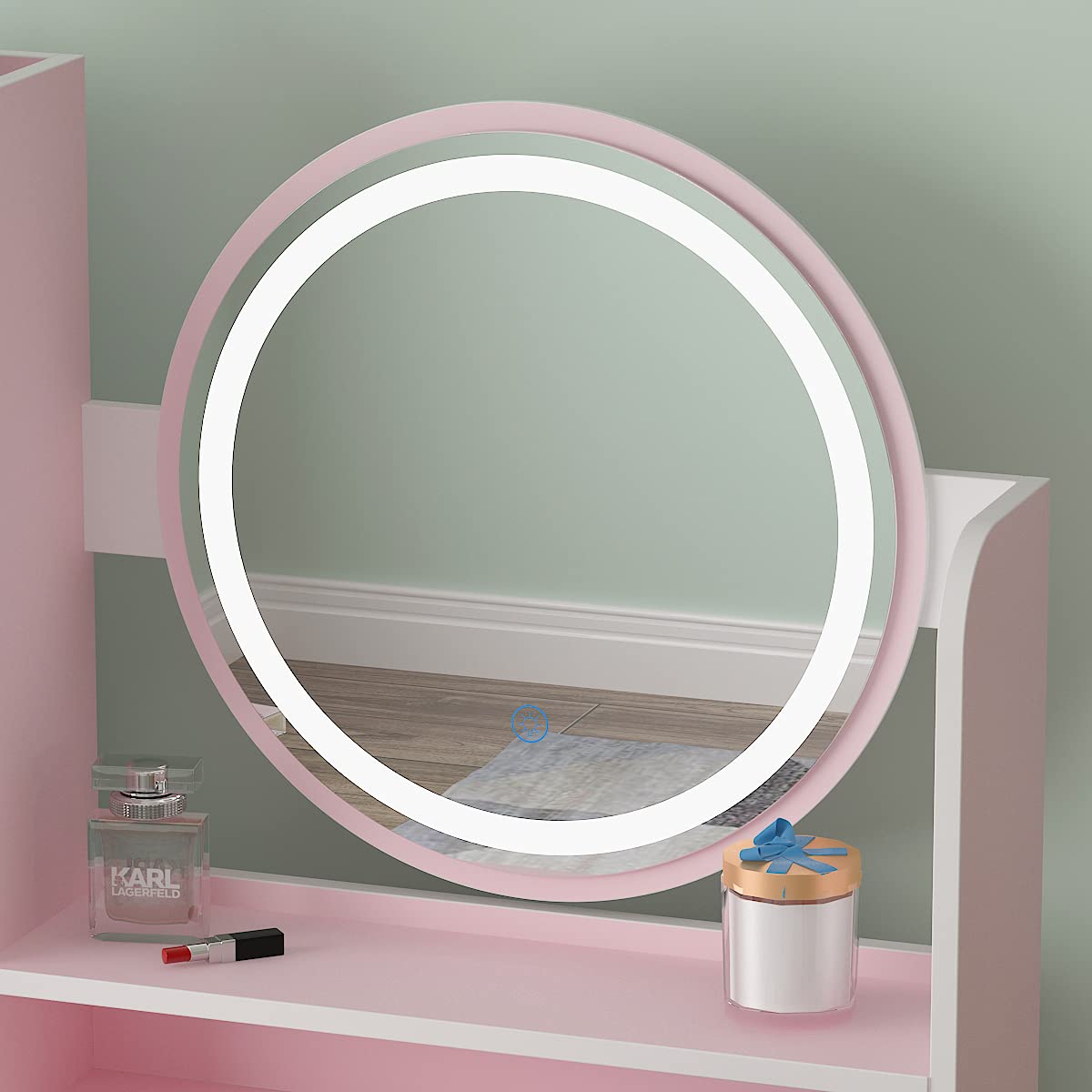 FUFU&GAGA Pink Vanity Set with Round Lighted Mirror, Makeup Vanity Dressing Table with 5 Drawers, Shelves, Dresser Desk and Cushioned Stool FUFU&GAGA
