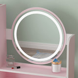 FUFU&GAGA Pink Vanity Set with Round Lighted Mirror, Makeup Vanity Dressing Table with 5 Drawers, Shelves, Dresser Desk and Cushioned Stool FUFU&GAGA