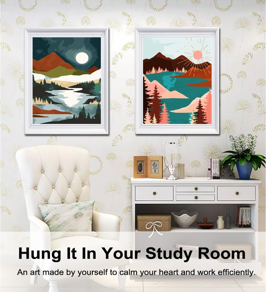 BAISITE Paint by Numbers Kit for Adults Beginners,12" Wx16 L 2 Pack Canvas for Painting Kits for Adults in Colorful Box-Sunrise Lake Mountains 6970 BAISITE