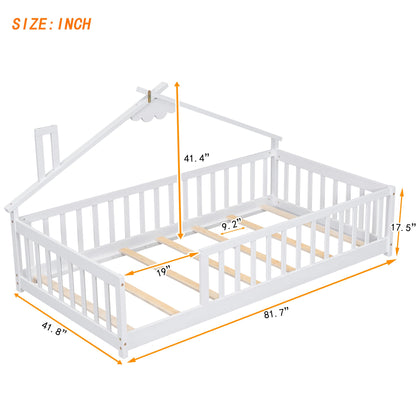 Mirightone Twin Size Floor Bed with House-Shaped Roof and Fence Guardrails - Solid Wood Montessori Design in White