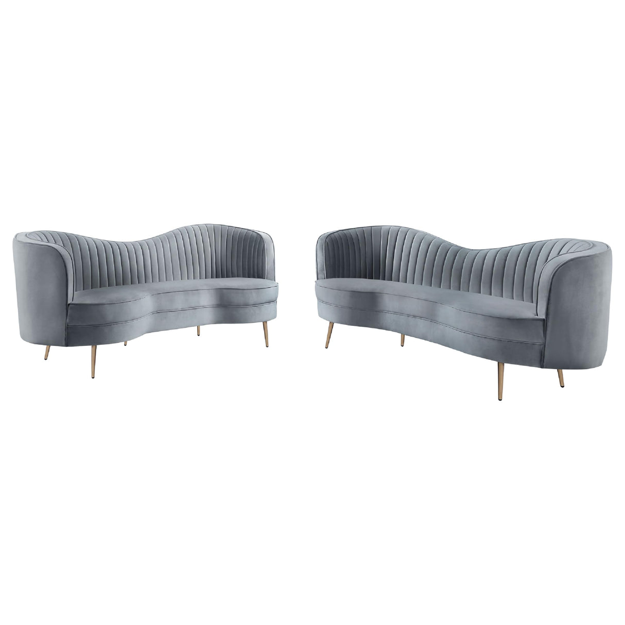 Enzo 2pc Living Room Sofa Set, Modern Curved, Gray Channel Tufted Velvet Benzara