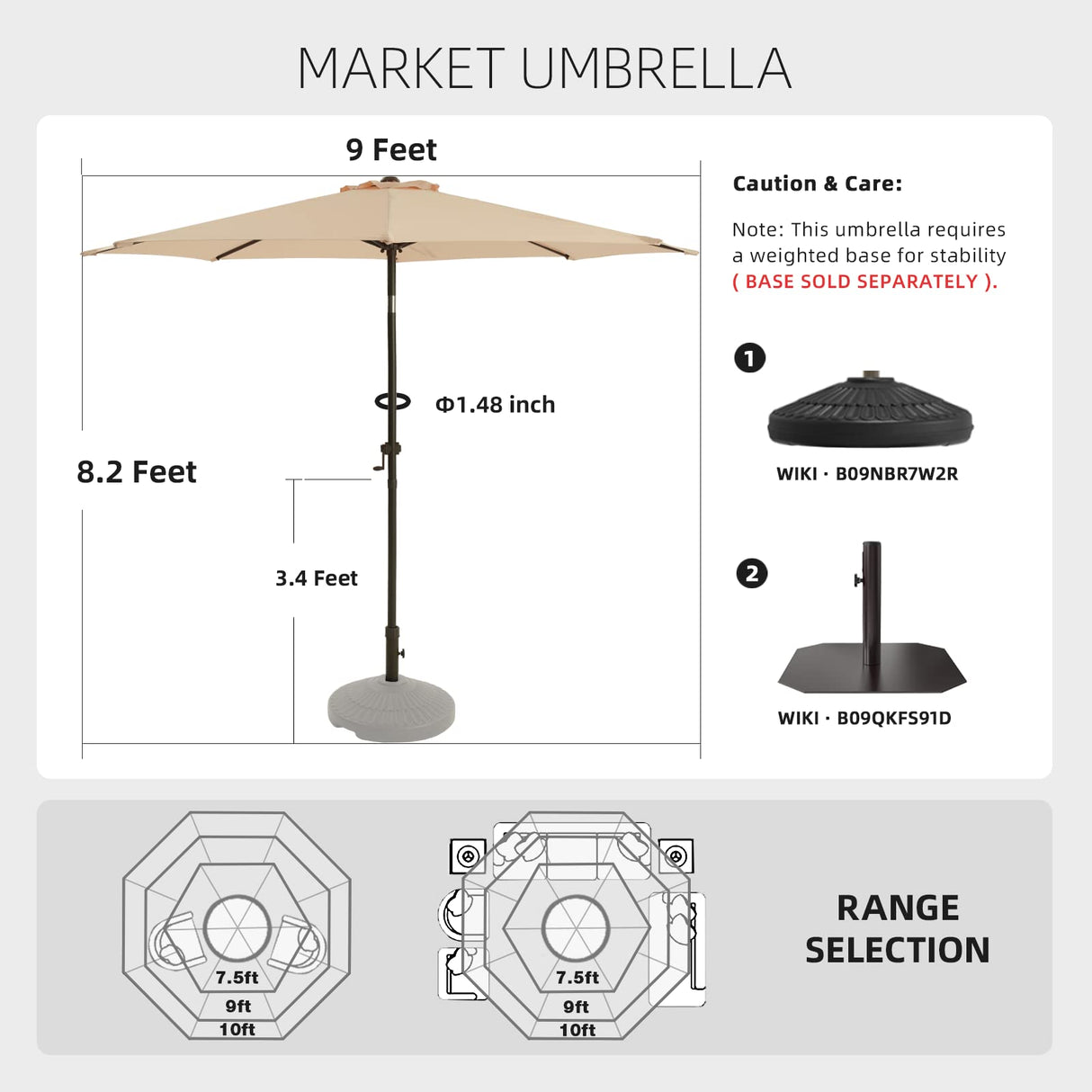 wikiwiki 9 FT Patio Umbrellas Outdoor Table Market Umbrella with Push Button Tilt/Crank, 8 Sturdy Ribs, Fade Resistant Waterproof POLYESTER DTY Canopy for Garden, Lawn, Backyard & Pool, Cream Beige wikiwiki