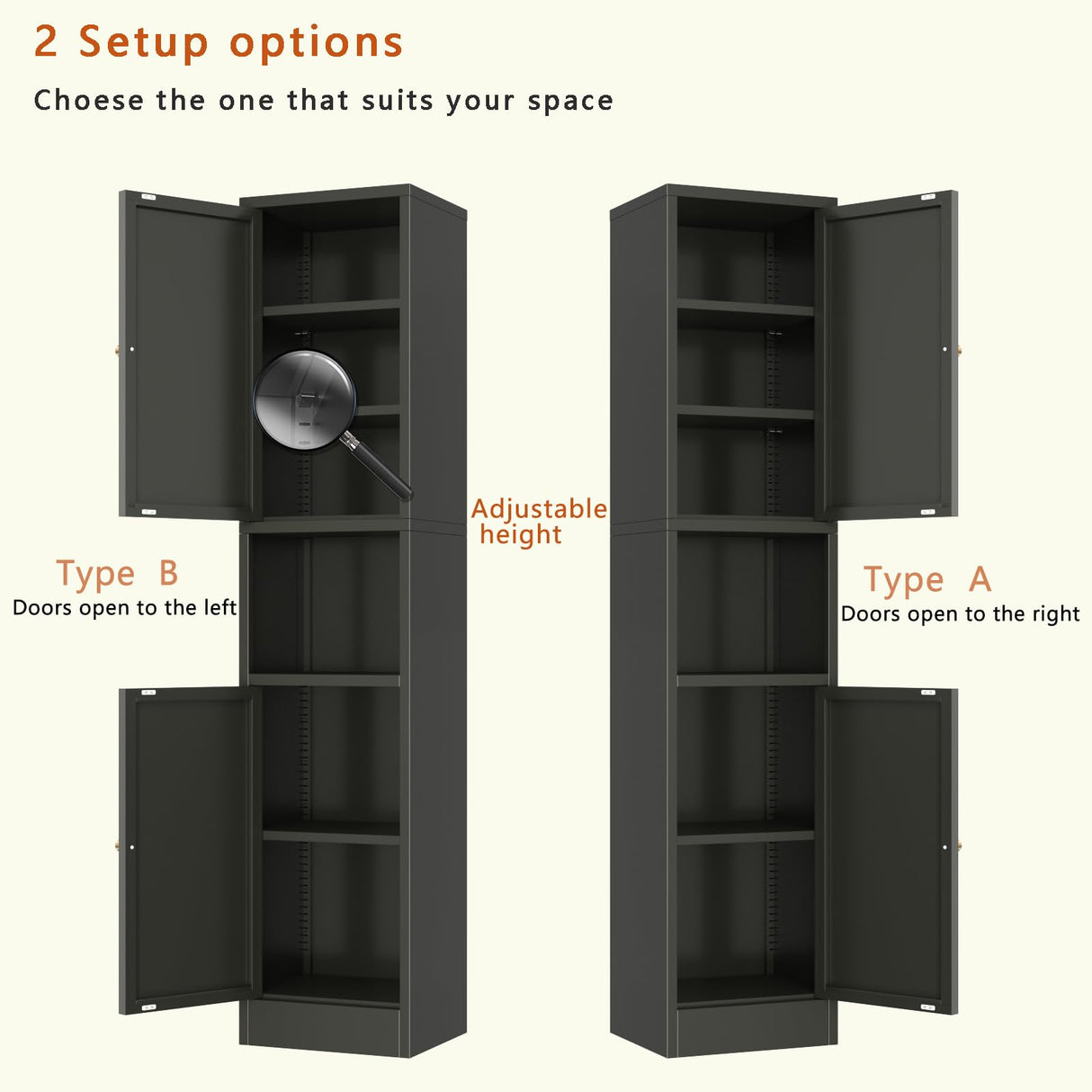 YAUWOH Black Tall Metal Storage Cabinet,Metal Locker Storage Cabinet with 3 Adjustable Shelves and 2 Doors,Narrow Sideboard for Small Spaces, Living Room, Home Office, Dining Room YAUWOH