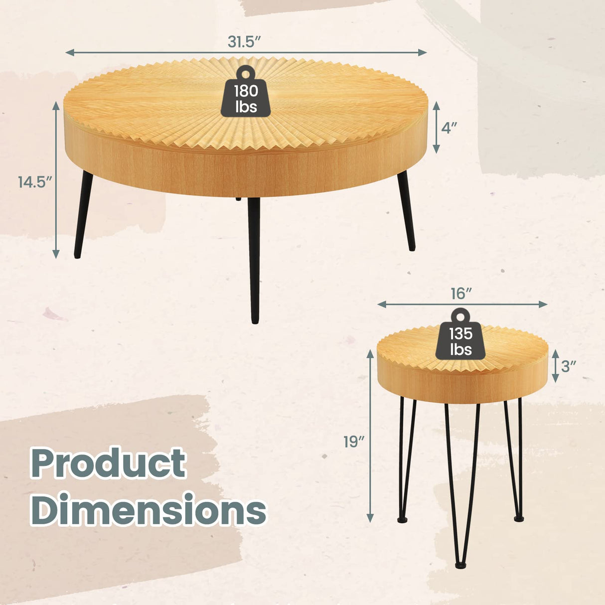 COSTWAY Farmhouse Round Coffee Table Set of 2, Rustic Sofa Side Tea Tables w/Wood Finish, Metal Frame, Adjustable Foot Pads, Nesting End Table Set for Living Room, Bedroom (Radial Pattern) COSTWAY