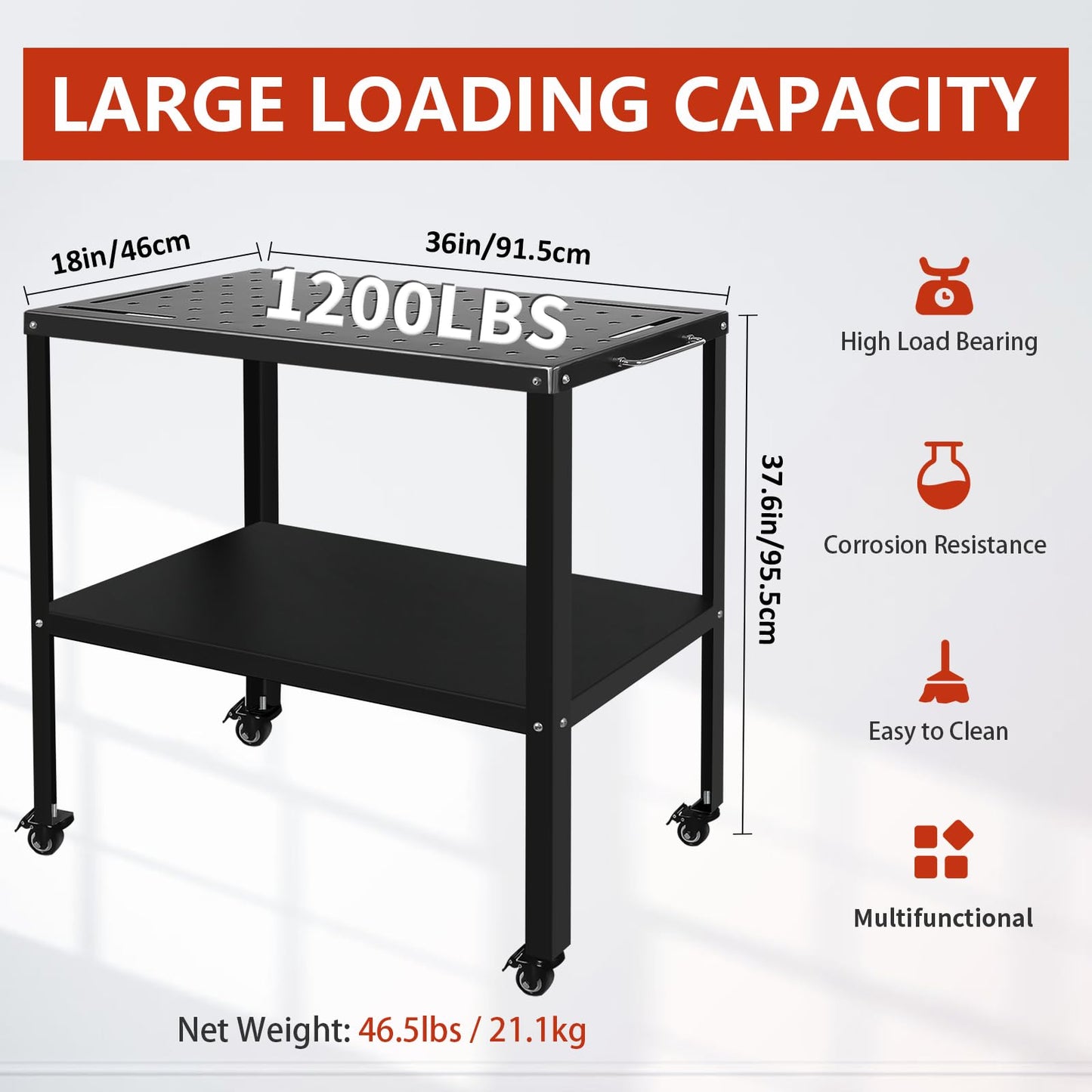 Welding Table Welding Cart 36”×18”, 1200lbs Load Capacity Industrial Workbench with 5/8" Holes Fixture Table with Wheels - WoodArtSupply