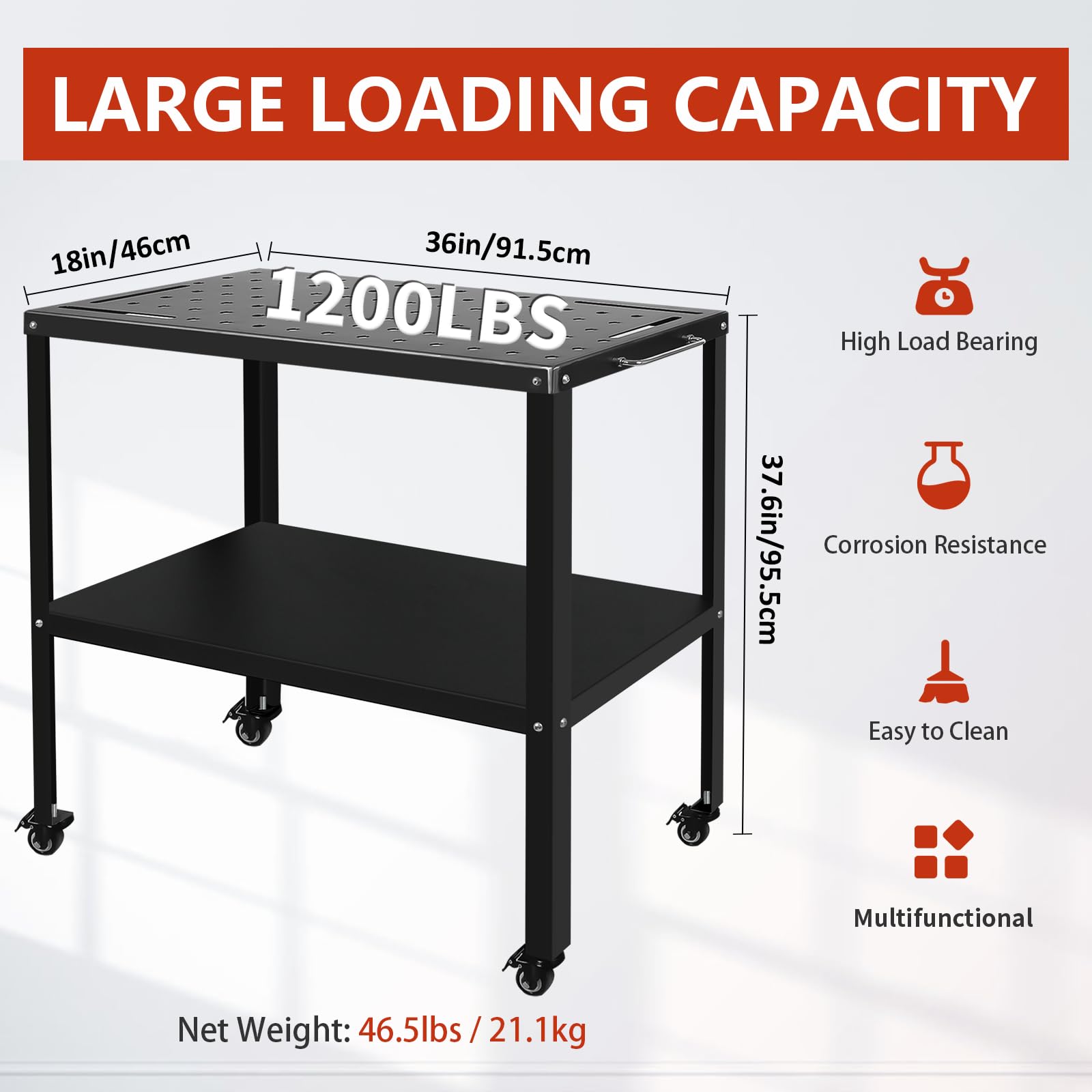 Welding Table Welding Cart 36”×18”, 1200lbs Load Capacity Industrial Workbench with 5/8" Holes Fixture Table with Wheels - WoodArtSupply