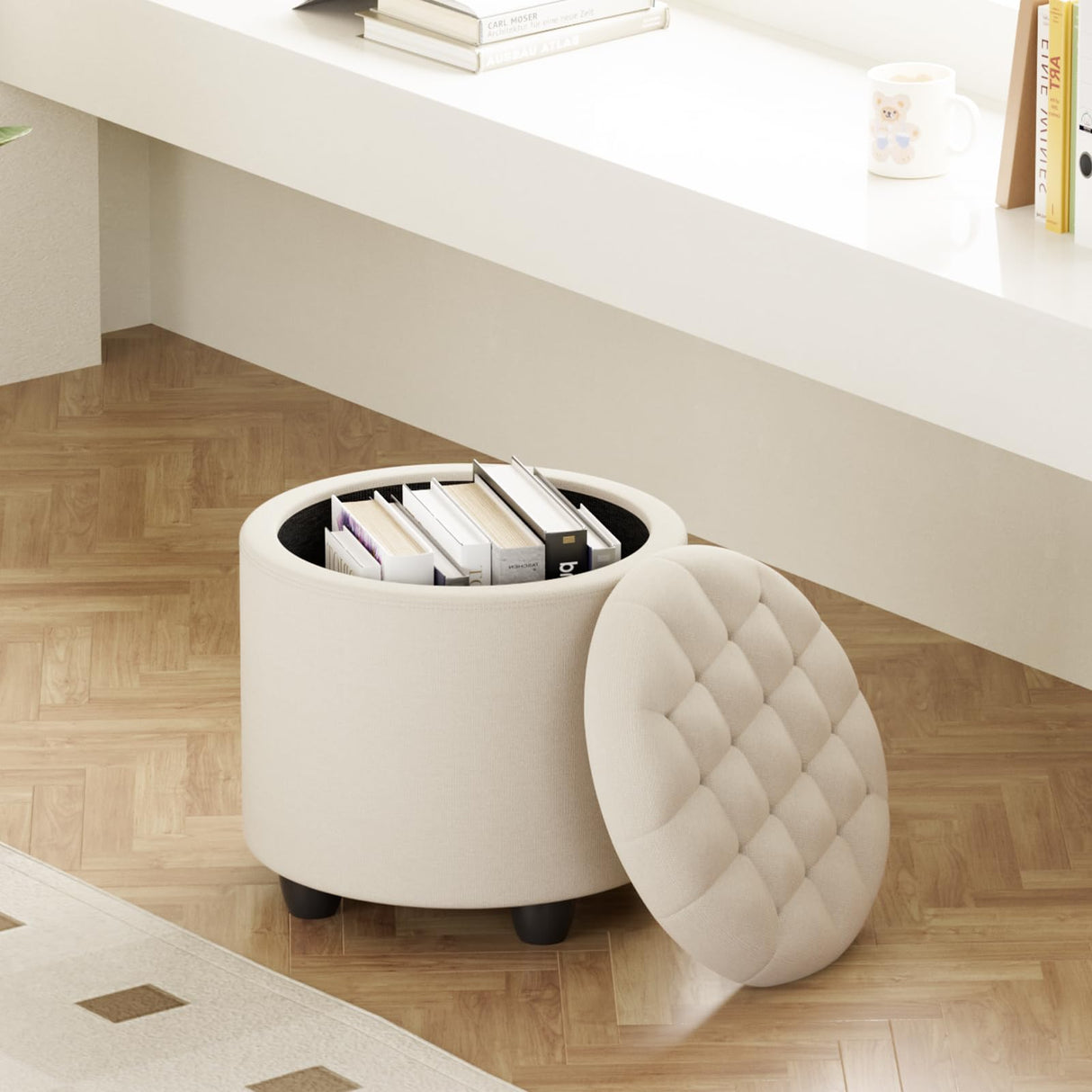 Furniliving Modern Round Storage Ottoman,Button Tufted Ottoman Foot Stools Ottoman Footstool with Removable Lid Storage Ottoman for Living Room, Bedroom, Makeup Room，Beige Furniliving