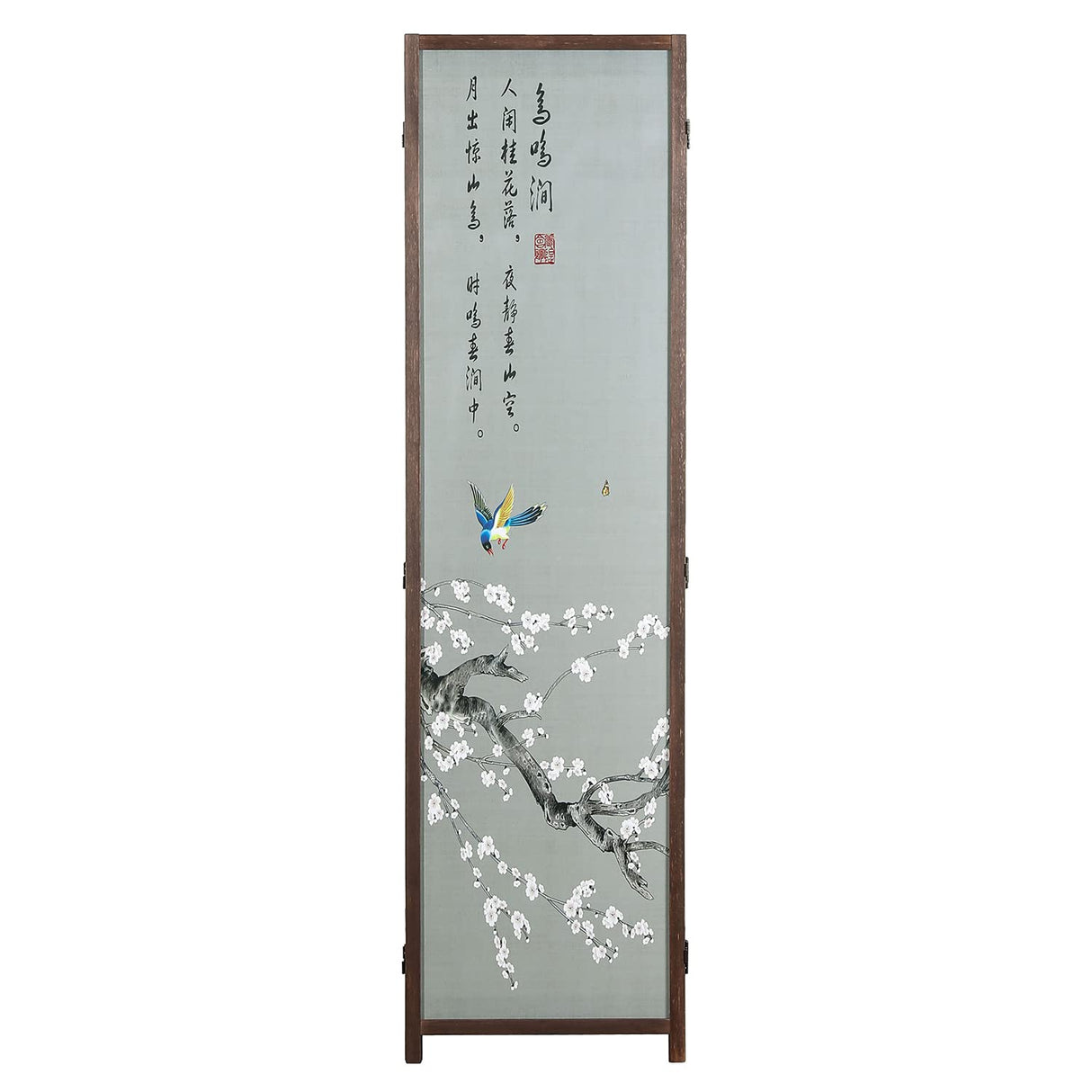 MyGift 4-Panel Asian-Inspired Folding Room Divider with Cherry Blossom Tree & Bird Design Poetry Calligraphy and Brown Wooden Frame MyGift