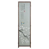 MyGift 4-Panel Asian-Inspired Folding Room Divider with Cherry Blossom Tree & Bird Design Poetry Calligraphy and Brown Wooden Frame MyGift