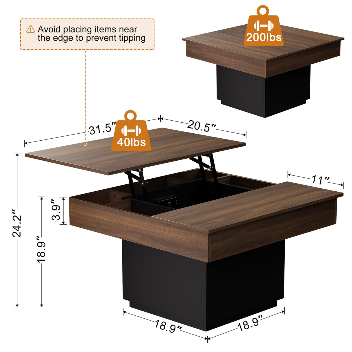 FABATO Lift Top Coffee Table with LED Light and Charging Station, 31.5 Inch Square Coffee Table with Hidden Storage, Modern Farmhouse Center Table for Living Room, Reception Dinning Room, Black Walnut FABATO