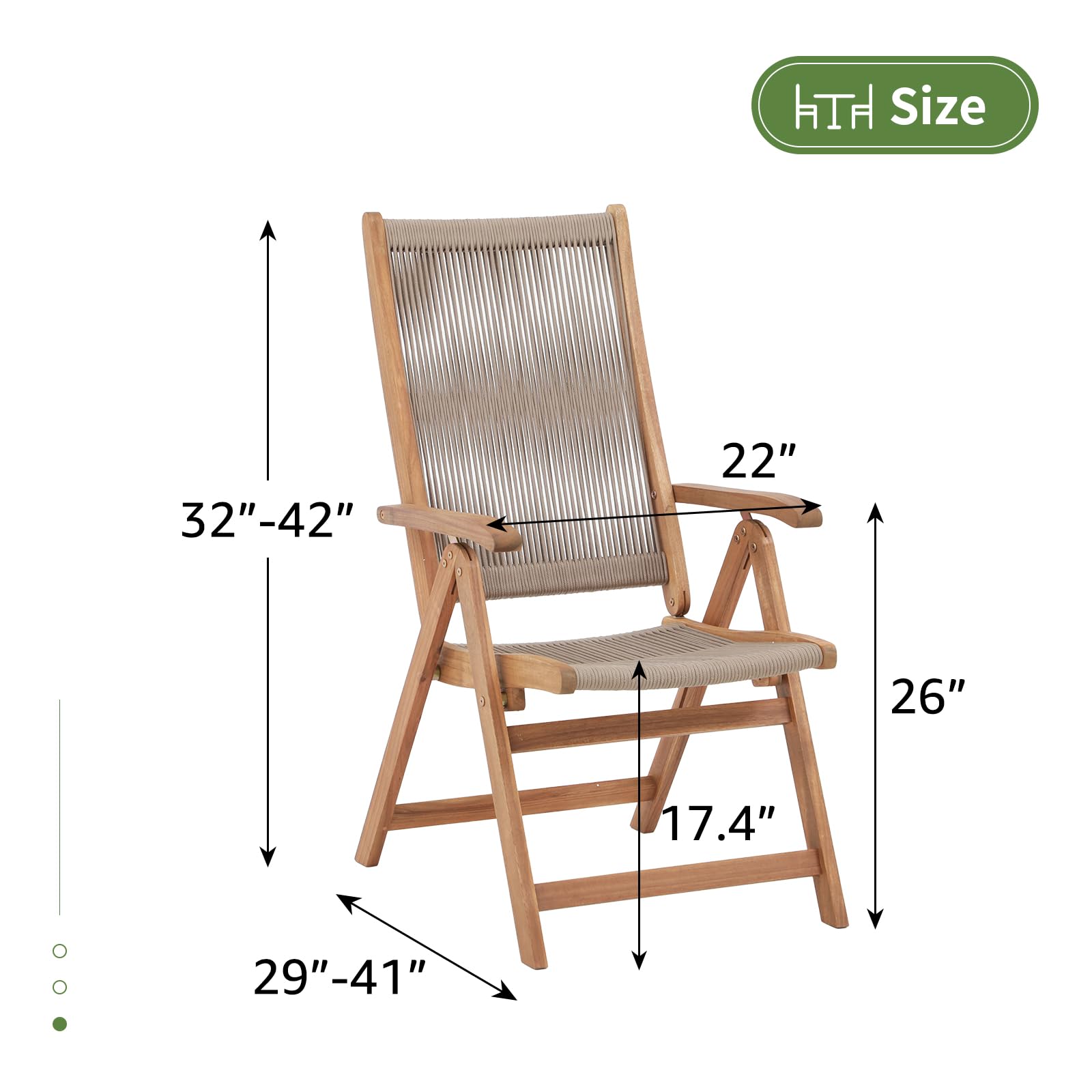 OC Orange-Casual Folding Patio Dining Chair Set of 2, Outdoor Acacia Wooden Rope Reclining Chair w/Armrest, FSC Certified Wood, for Porch, Backyard, Garden, Indoor, Beige - WoodArtSupply