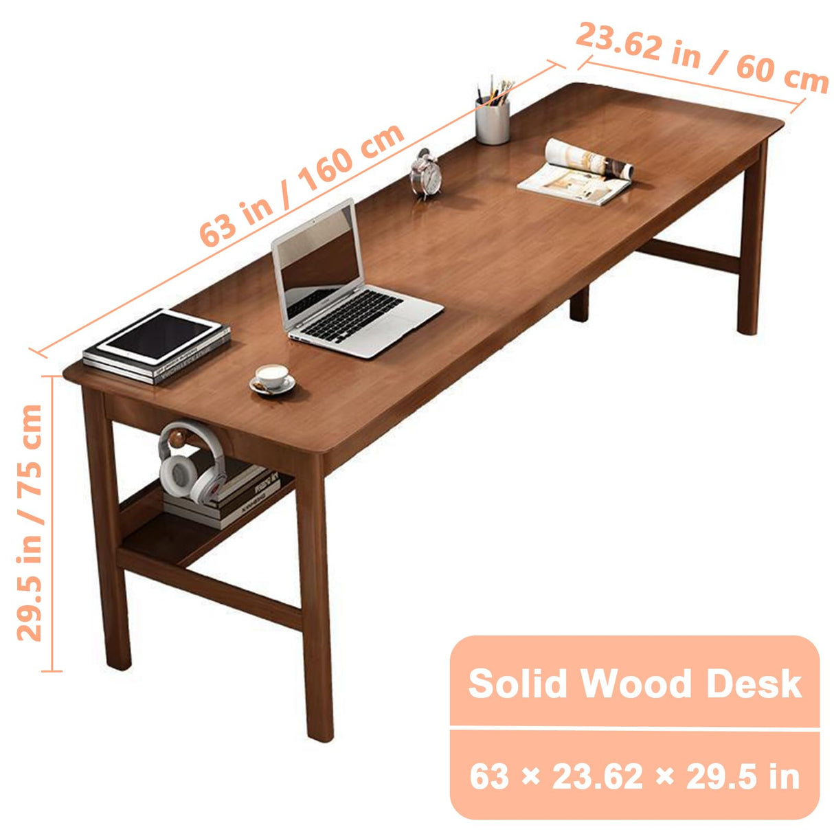 Ytaoka 63" Solid Wood Desk Mid Century Modern Desk, Wide Wooden Desk Home Office Computer Desk, Simple Walnut Wood Desk Solid Wood Writing Desk Study Ytaoka