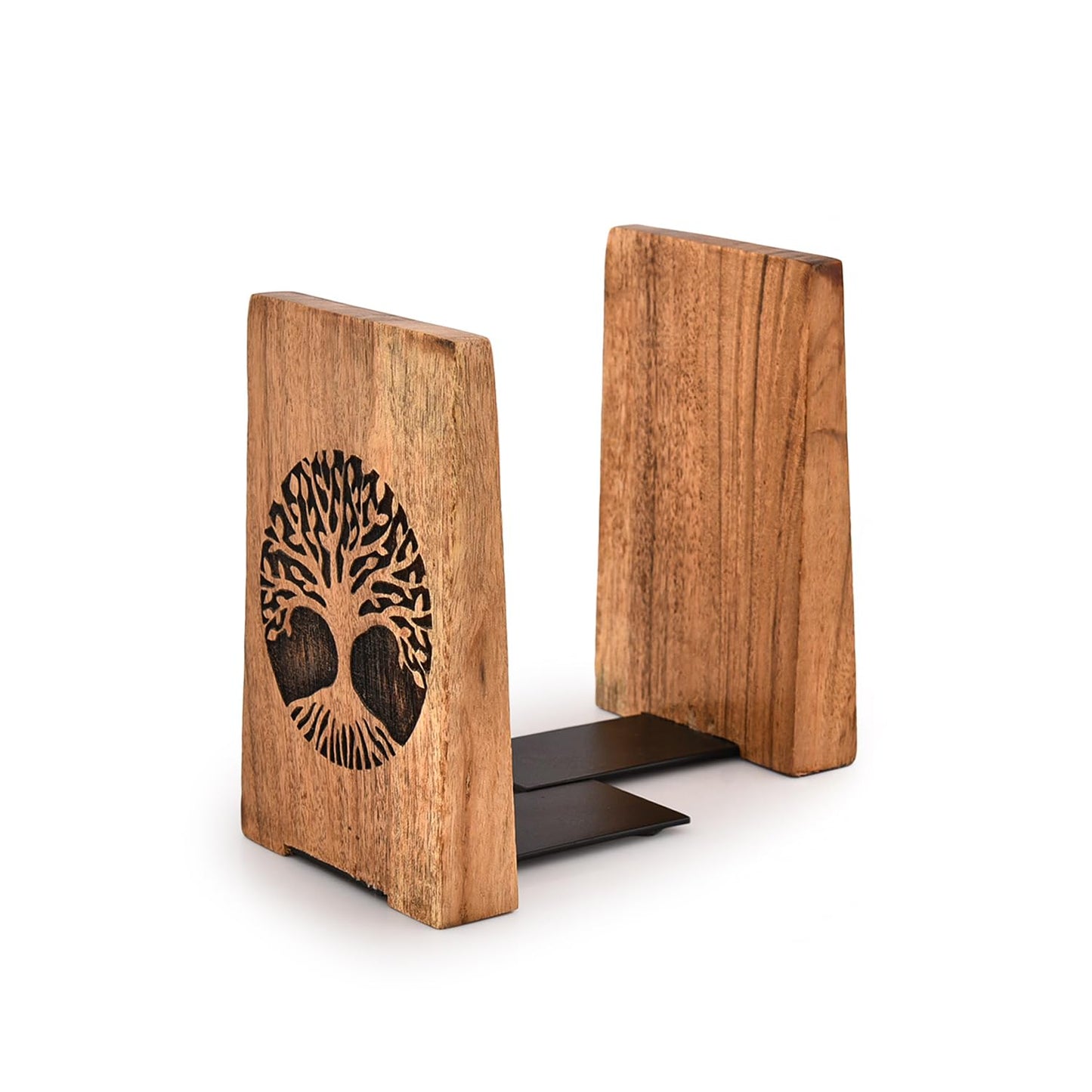 NIRMAN Office Bookends Iron & Acacia Wood Tree of Life Office Bookends for Shelves or Bookcase Heavy Bookends, Home Décor Gift (4" X 4" X 6"), (Set of 2)