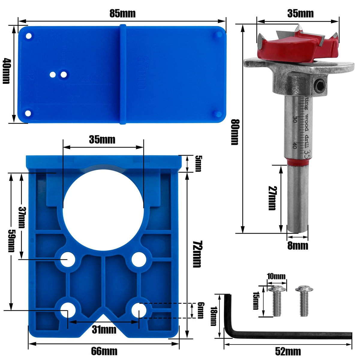 35mm Concealed Hinge Jig Kit, Bestgle Woodworking Tool Drill Bits Hinge Drilling Hole Router Jig for Cabinet Cupboard Door Installation, Hinge Hole Drill Guide Set with 35mm Forstner Bit Bestgle