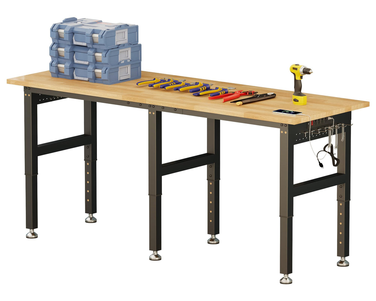 SPECRAFT 72“ Adjustable Heavy Duty Workbench with 4 AC Outlet and 2 USB Ports Power Outlets, 5000 Lbs Capacity, Rubber Wood Top for Garage, Workshop, Office SPECRAFT