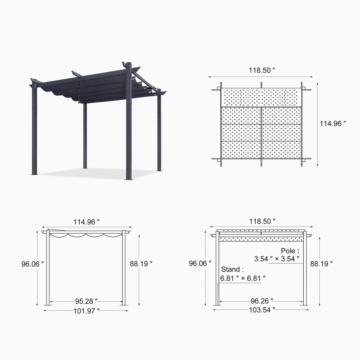 PURPLE LEAF 10' x 10' Pergola with Curtains Outdoor Retractable Pergola Patio Metal Shelter for Garden Porch Pavilion Dark Gray Frame Gazebo Modern Yard Grill Pergolas with Shade Canopy Navy Blue PURPLE LEAF