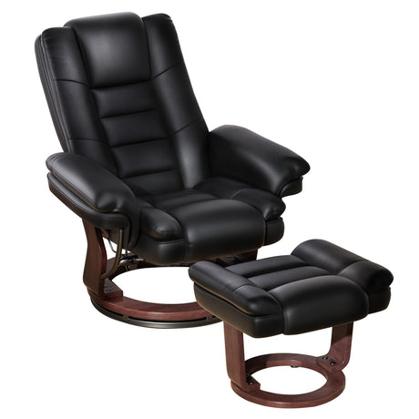 Swivel Recliner Chair with Ottoman, Adjustable PU Leather Recliner with Wood Base, Thick Padded Cushion, Modern Reclining Chair & Ottoman Set for Living Room, Bedroom, Office, Small Spaces (Black) Vogue Furniture Direct